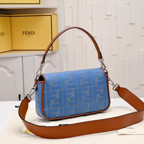 Fendi Baguette Light blue denim bag with FF embroidery 8BR600