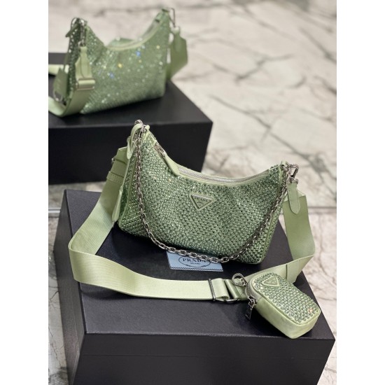 Prada Re-Edition 2005 satin bag with crystals 1BH204 Green