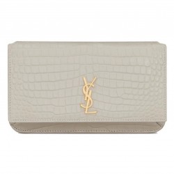 YSL CASSANDRE PHONE HOLDER WITH STRAP IN SHINY CROCODILE-EMBOSSED LEATHER 635095 White