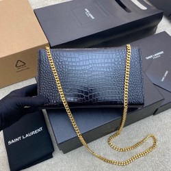YSL CASSANDRE PHONE HOLDER WITH STRAP IN SHINY CROCODILE-EMBOSSED LEATHER 635095 Black